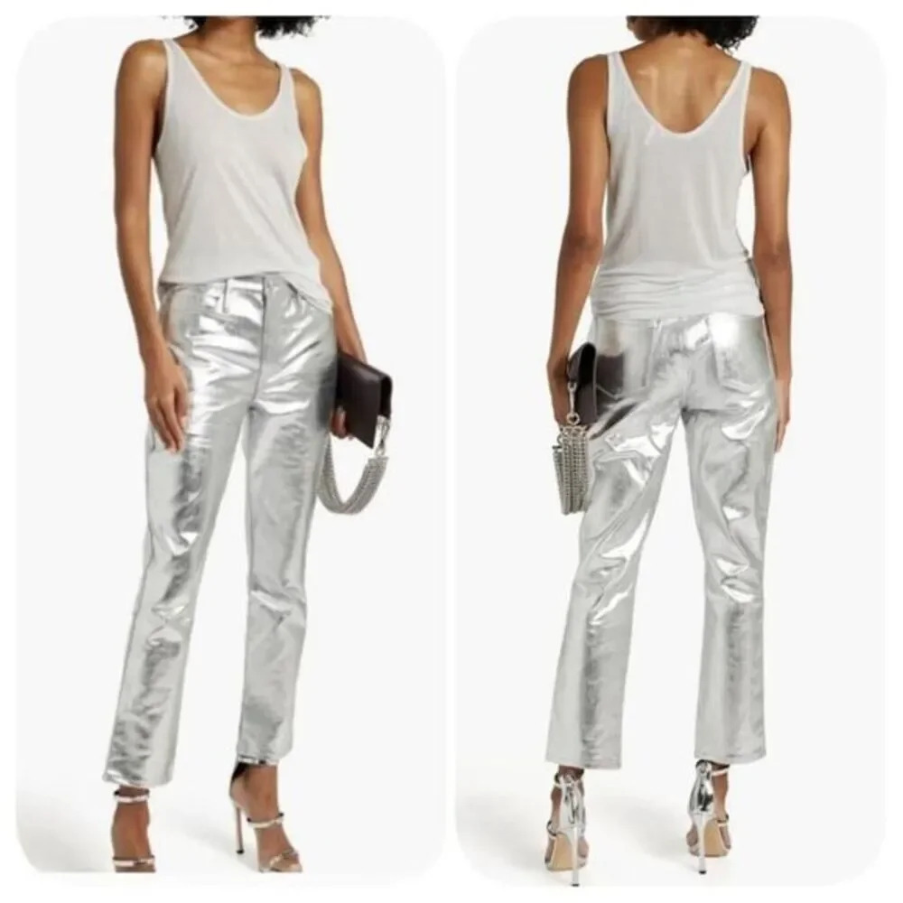 NWOT FRAME DENIM Hi-Rise Le Sylvie Slender Straight Jean Silver Chrome Sz 25